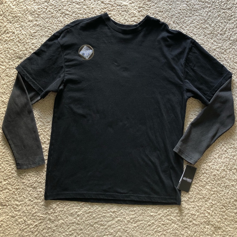 NWT! Black Long Sleeve Men's Tee Layered-look Oversized Skater 90’s Vibes